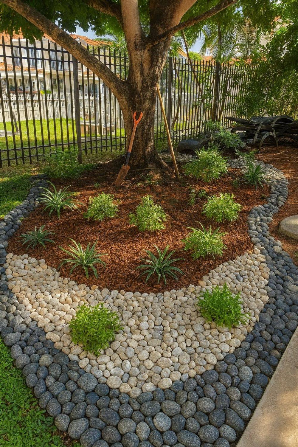 Jardín de rocas bajo un árbol