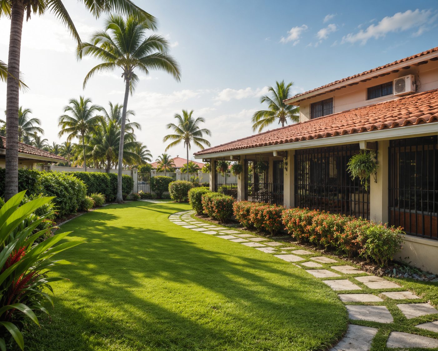 Jardín de casa de playa con grama y flores en Coronado
