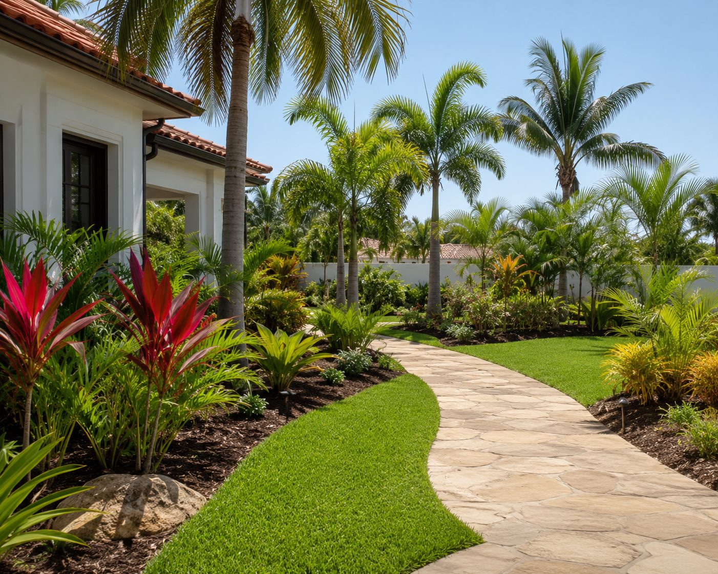 Jardín nuevo con sendero de piedra y siembra tropical