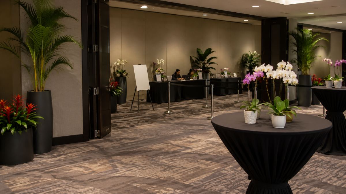 Recepción de evento con palmas y orquídeas
